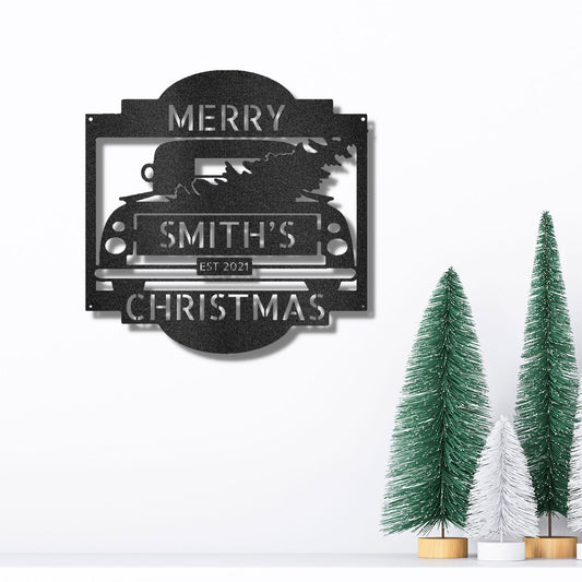 Christmas Truck Personalized Metal Wall Sign Art: Elegantly Crafted in the USA - Mallard Moon Gift Shop