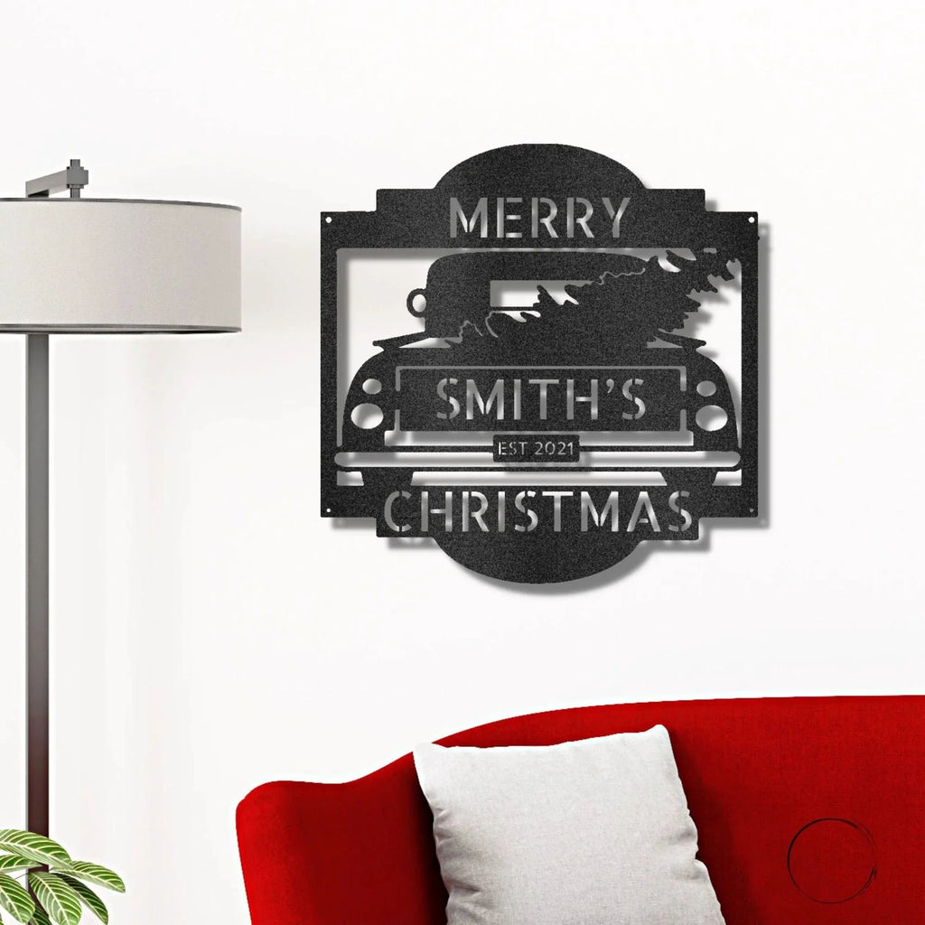 Christmas Truck Personalized Metal Wall Sign Art: Elegantly Crafted in the USA