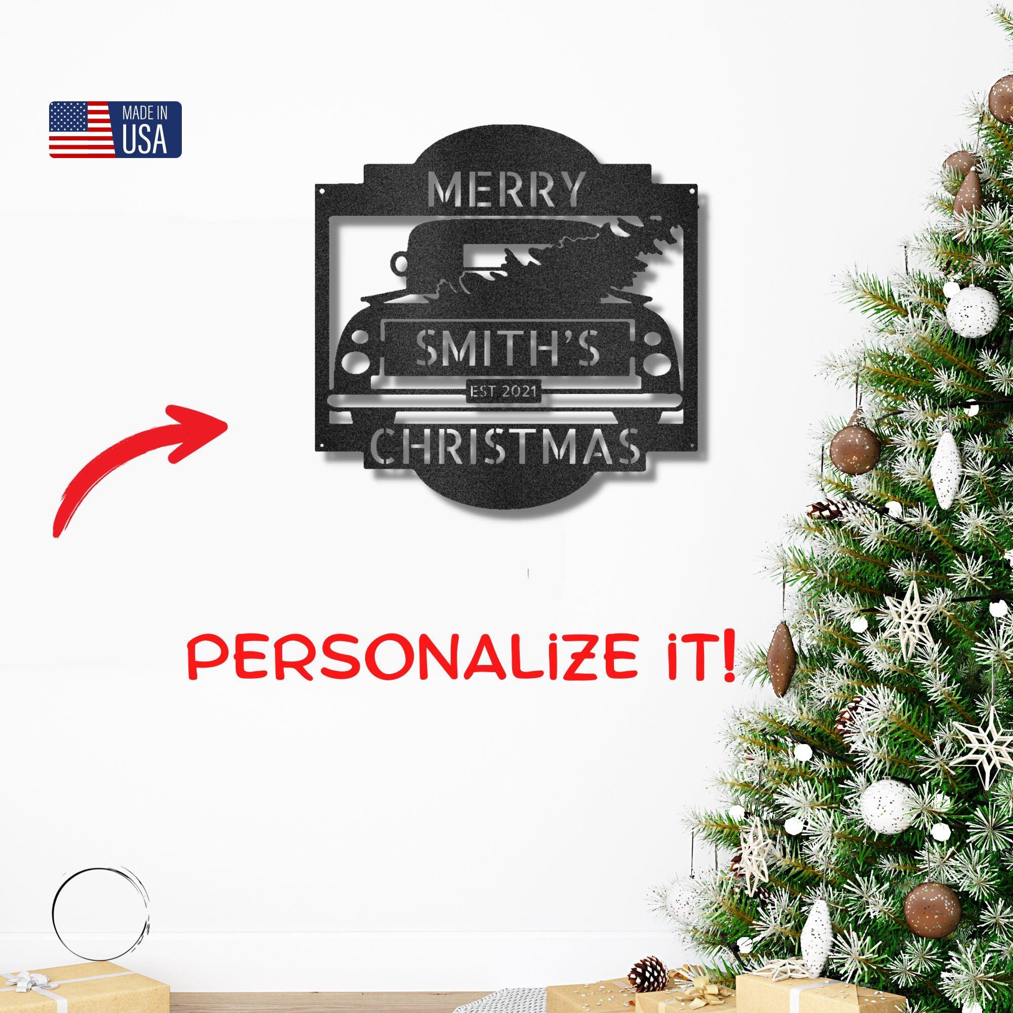 Christmas Truck Personalized Metal Wall Sign Art: Elegantly Crafted in the USA - Mallard Moon Gift Shop