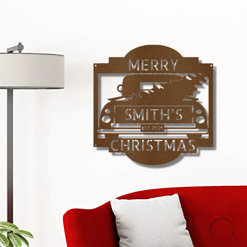 Christmas Truck Personalized Metal Wall Sign Art: Elegantly Crafted in the USA