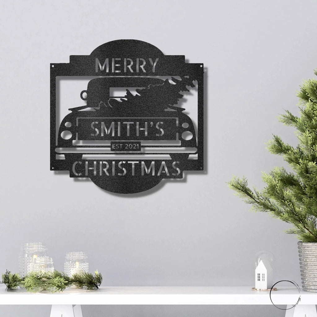 Christmas Truck Personalized Metal Wall Sign Art: Elegantly Crafted in the USA