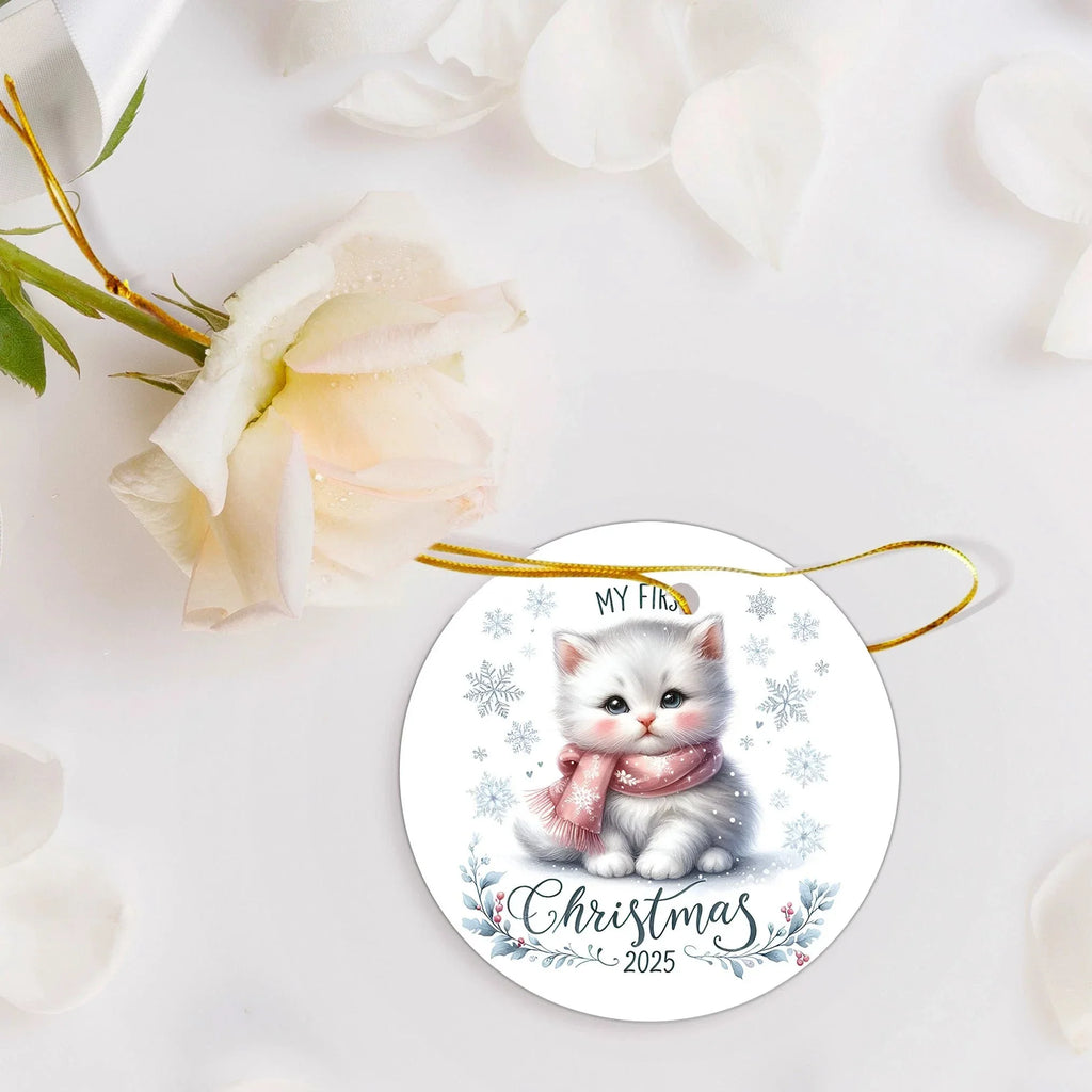 My First Christmas 2025 White Kitten Ornament – Baby’s First Christmas Keepsake, Cute Newborn Gift, Durable MDF Ornament with Gold Cord