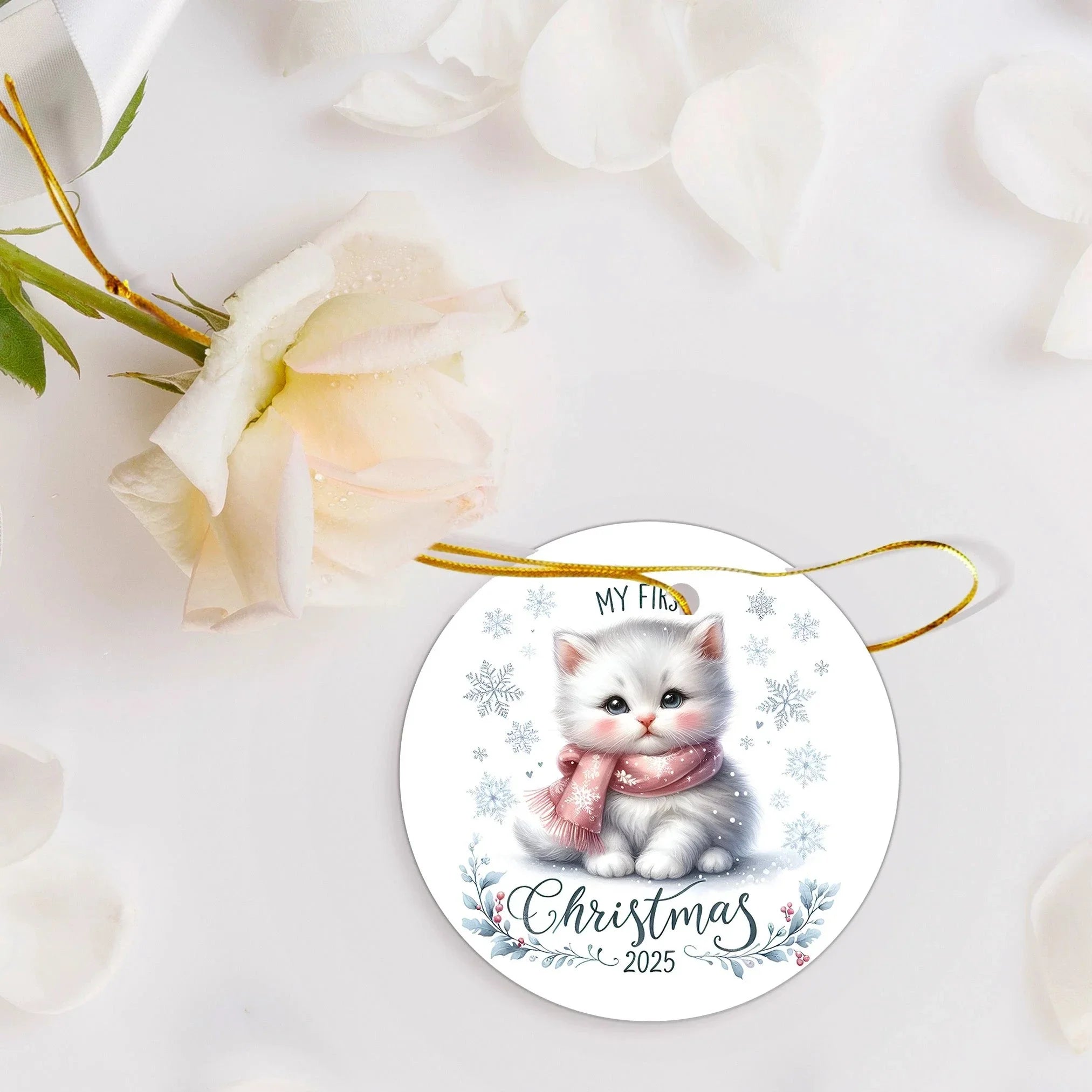 My First Christmas 2025 White Kitten Ornament – Baby’s First Christmas Keepsake, Cute Newborn Gift, Durable MDF Ornament with Gold Cord