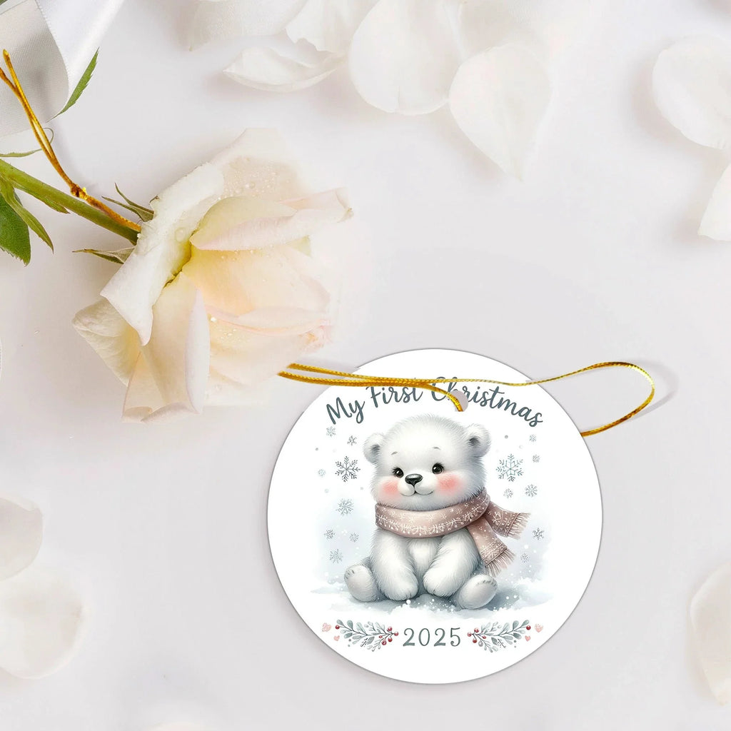 My First Christmas 2025 Bear Ornament – Baby’s First Christmas Keepsake, Cute Newborn Gift, Durable MDF Ornament with Gold Cord