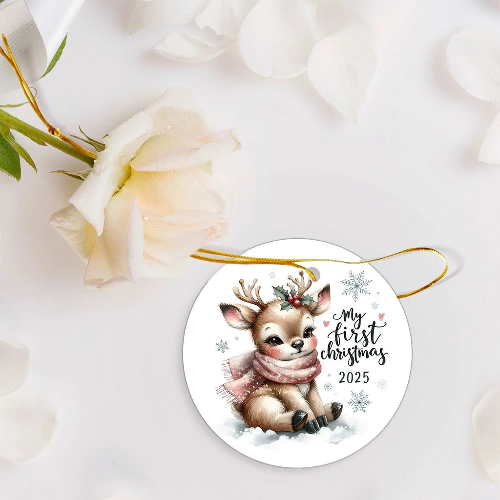 My First Christmas 2025 Deer Ornament – Baby’s First Christmas Keepsake, Cute Newborn Gift, Durable MDF Ornament with Gold Cord