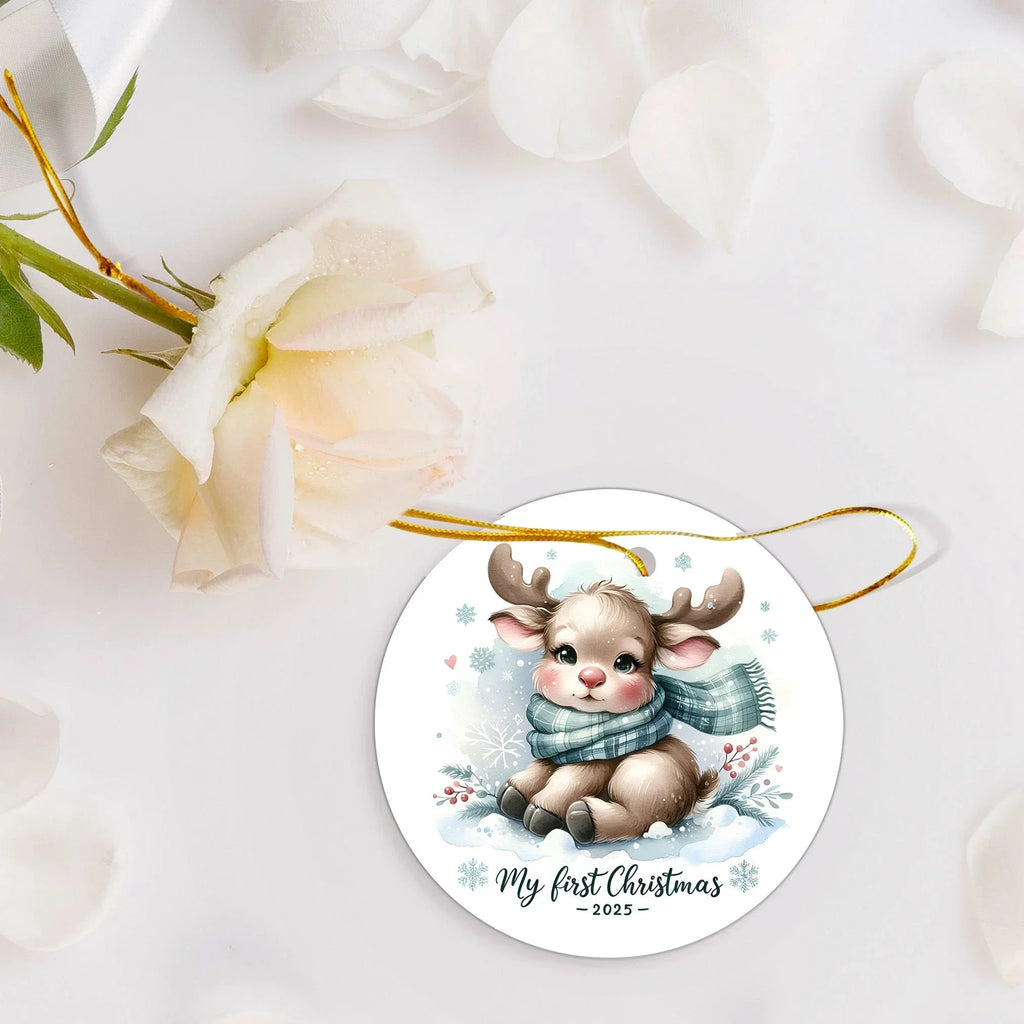 My First Christmas 2025 Moose Ornament – Baby’s First Christmas Keepsake, Cute Newborn Gift, Durable MDF Ornament with Gold Cord