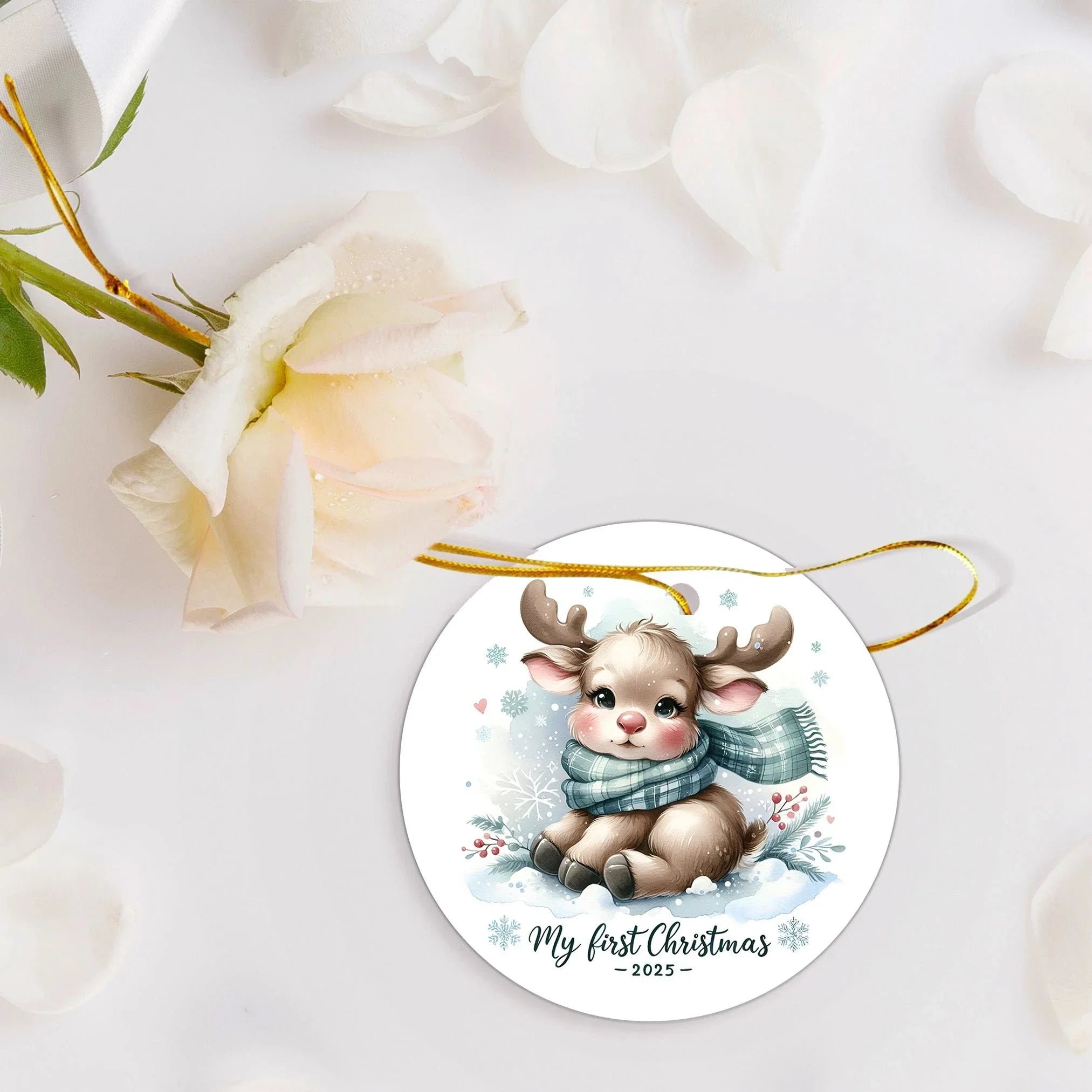 My First Christmas 2025 Moose Ornament – Baby’s First Christmas Keepsake, Cute Newborn Gift, Durable MDF Ornament with Gold Cord