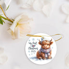 My First Christmas 2025 Highland Calf Ornament – Baby’s First Christmas Keepsake, Cute Newborn Gift, Durable MDF Ornament with Gold Cord