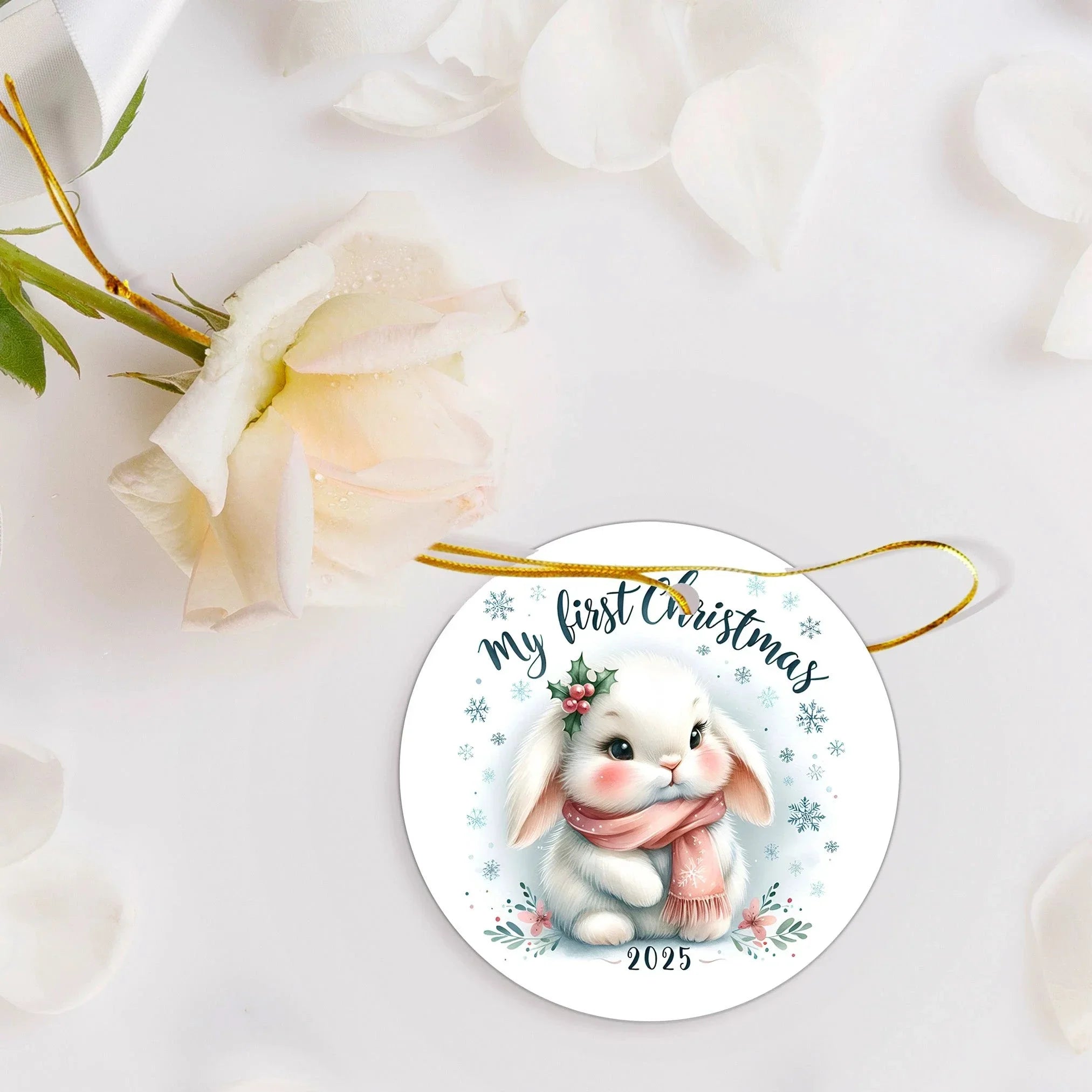 My First Christmas 2025 Bunny Ornament – Baby’s First Christmas Keepsake, Cute Newborn Gift, Durable MDF Ornament with Gold Cord