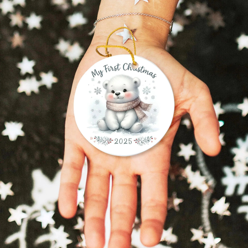 My First Christmas 2025 Bear Ornament – Baby’s First Christmas Keepsake, Cute Newborn Gift, Durable MDF Ornament with Gold Cord