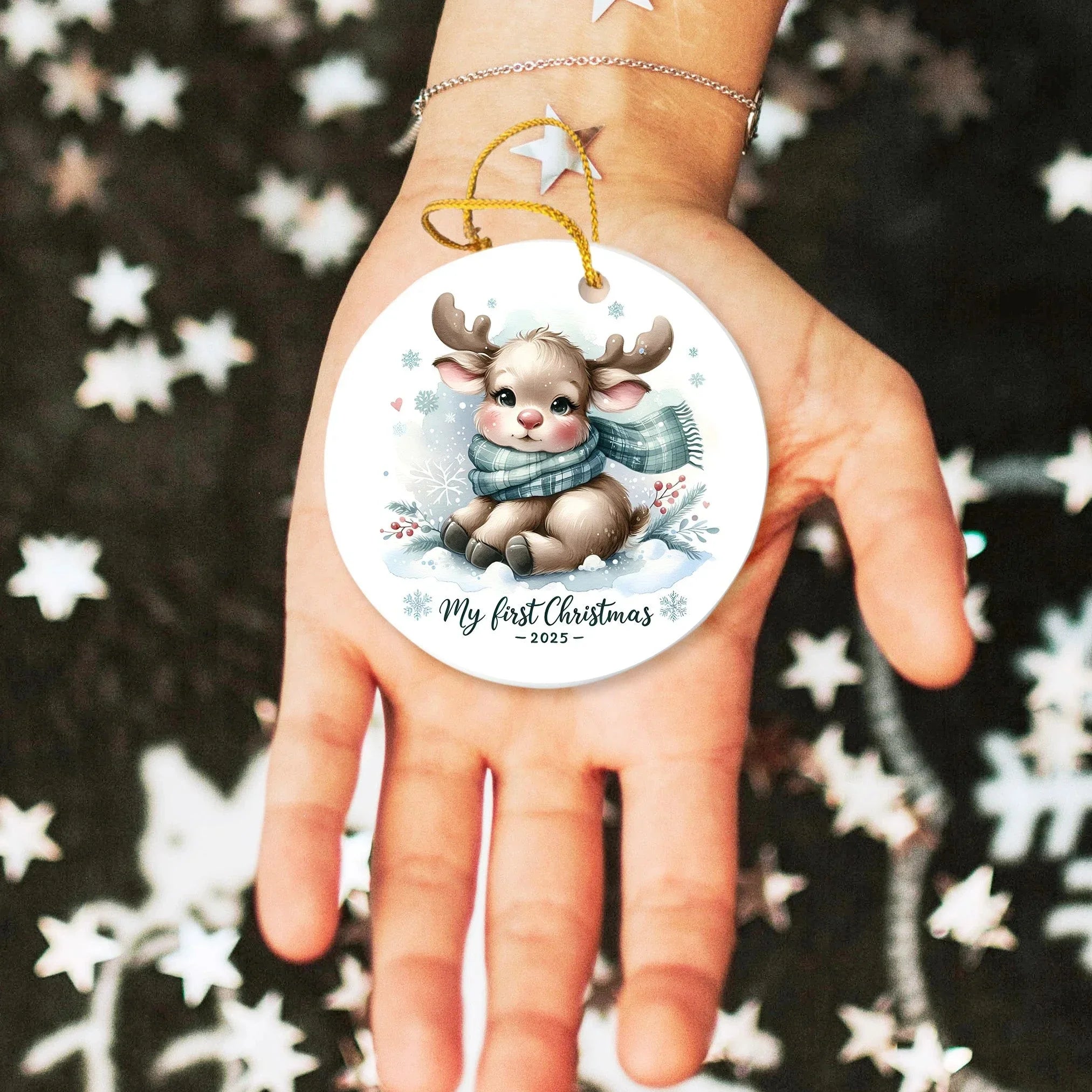 My First Christmas 2025 Moose Ornament – Baby’s First Christmas Keepsake, Cute Newborn Gift, Durable MDF Ornament with Gold Cord