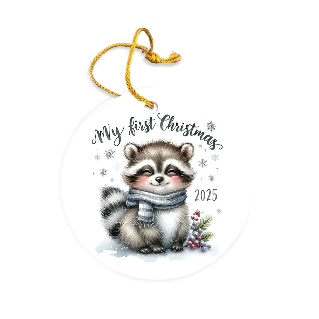 My First Christmas 2025 Raccoon Ornament – Baby’s First Christmas Keepsake, Cute Newborn Gift, Durable MDF Ornament with Gold Cord