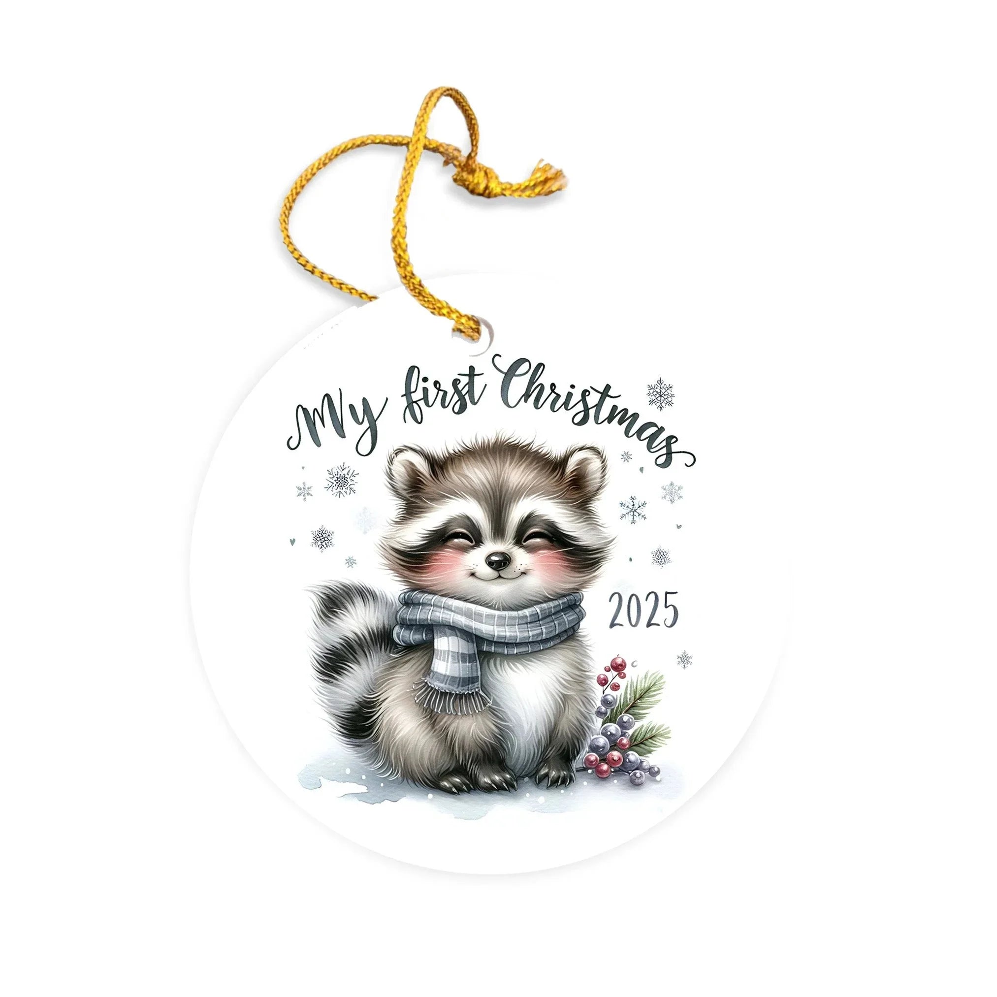 My First Christmas 2025 Raccoon Ornament – Baby’s First Christmas Keepsake, Cute Newborn Gift, Durable MDF Ornament with Gold Cord