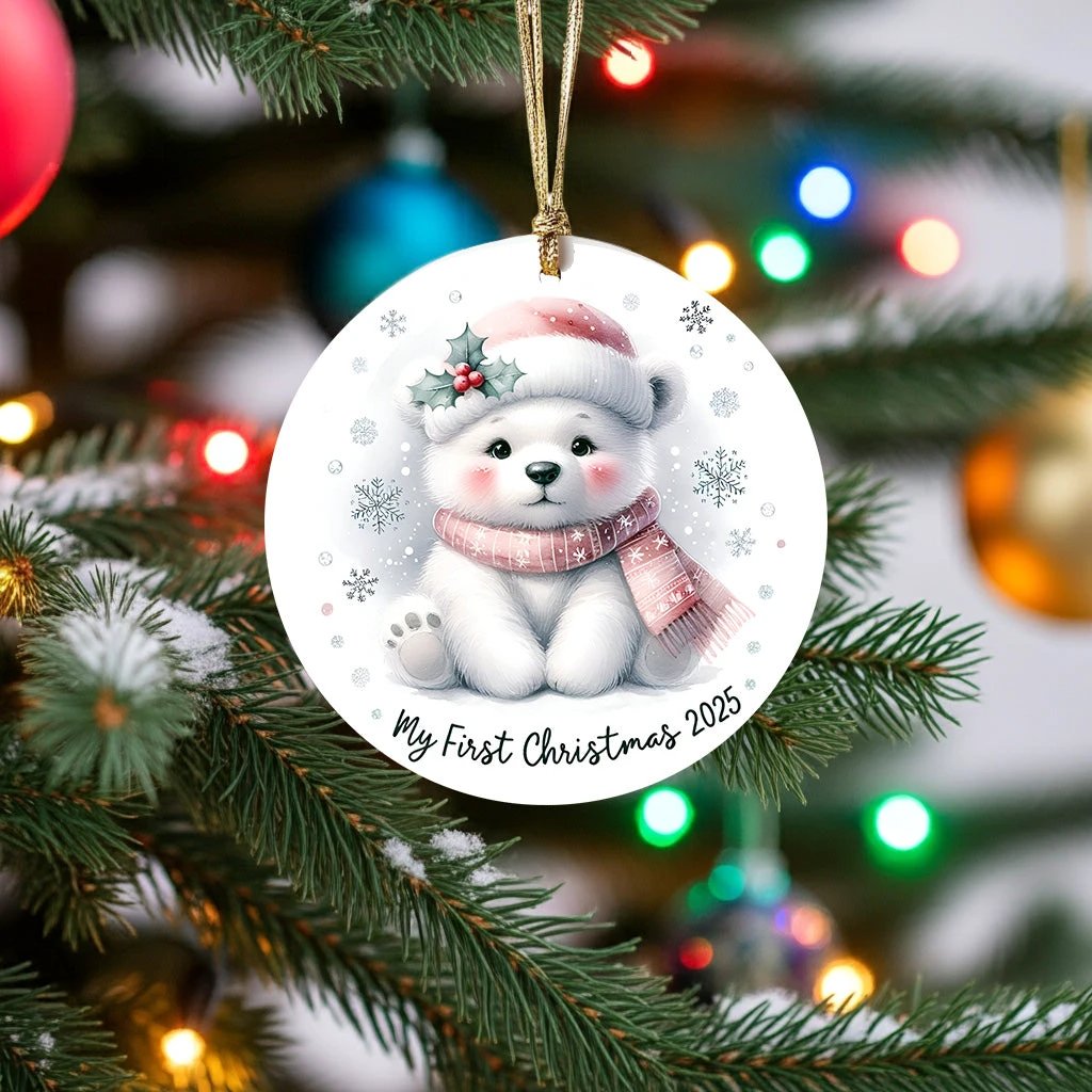 My First Christmas 2025 Polar Bear Ornament – Baby’s First Christmas Keepsake, Cute Newborn Gift, Durable MDF Ornament with Gold Cord