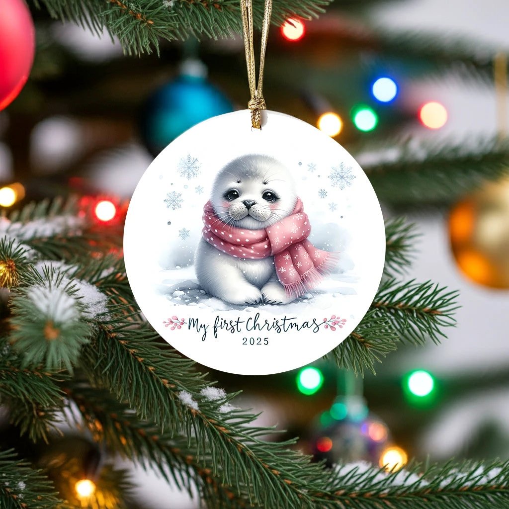 My First Christmas 2025 Arctic Seal Pup Tree Ornament Baby’s First Christmas Keepsake, Cute Newborn Gift