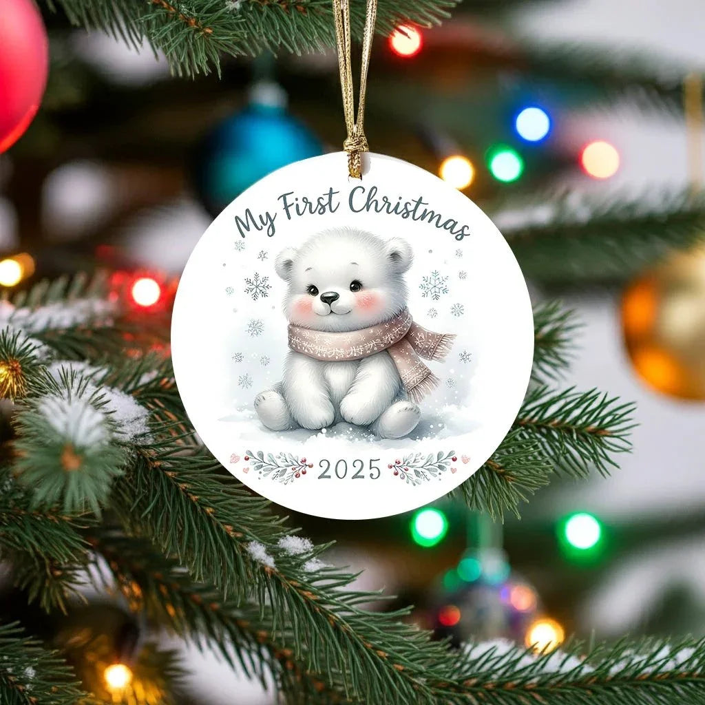 My First Christmas 2025 Bear Ornament – Baby’s First Christmas Keepsake, Cute Newborn Gift, Durable MDF Ornament with Gold Cord
