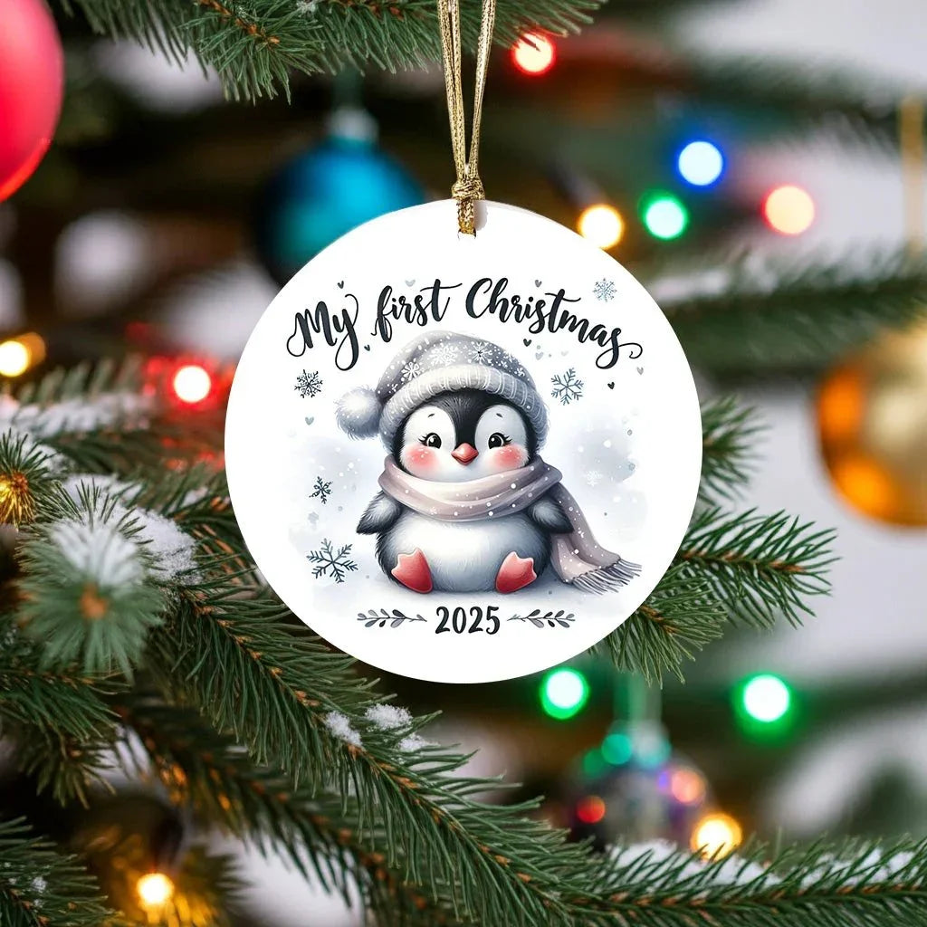 My First Christmas 2025 Penguin Ornament – Baby’s First Christmas Keepsake, Cute Newborn Gift, Durable MDF Ornament with Gold Cord