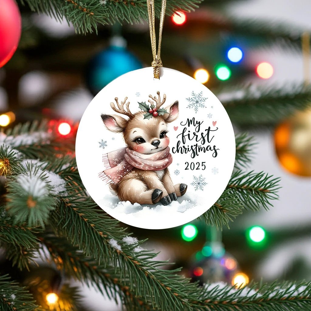 My First Christmas 2025 Deer Ornament – Baby’s First Christmas Keepsake, Cute Newborn Gift, Durable MDF Ornament with Gold Cord