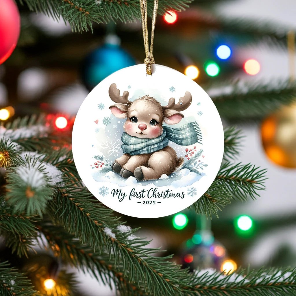 My First Christmas 2025 Moose Ornament – Baby’s First Christmas Keepsake, Cute Newborn Gift, Durable MDF Ornament with Gold Cord