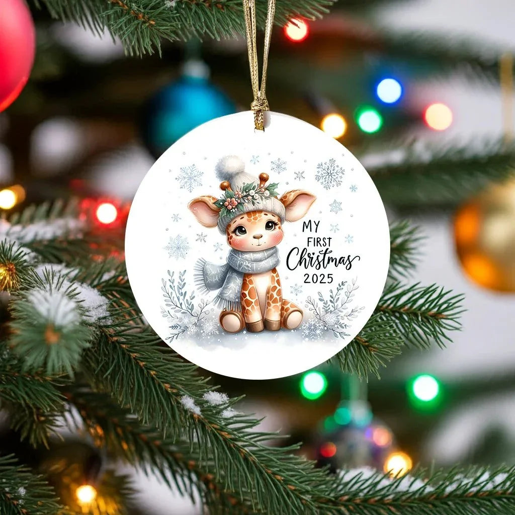 My First Christmas 2025 Giraffe Ornament – Baby’s First Christmas Keepsake, Cute Newborn Gift, Durable MDF Ornament with Gold Cord