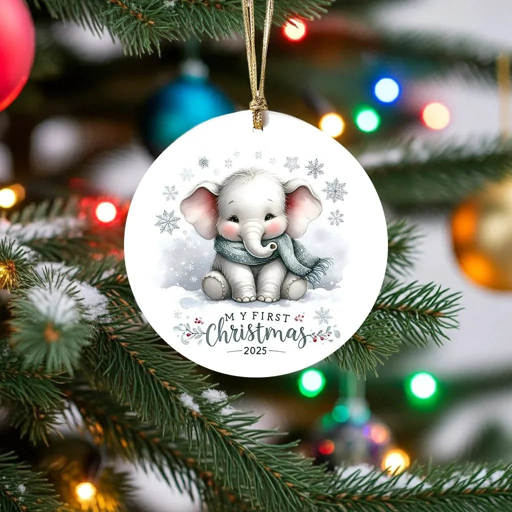 My First Christmas 2025 Elephant Ornament – Baby’s First Christmas Keepsake, Cute Newborn Gift, Durable MDF Ornament with Gold Cord