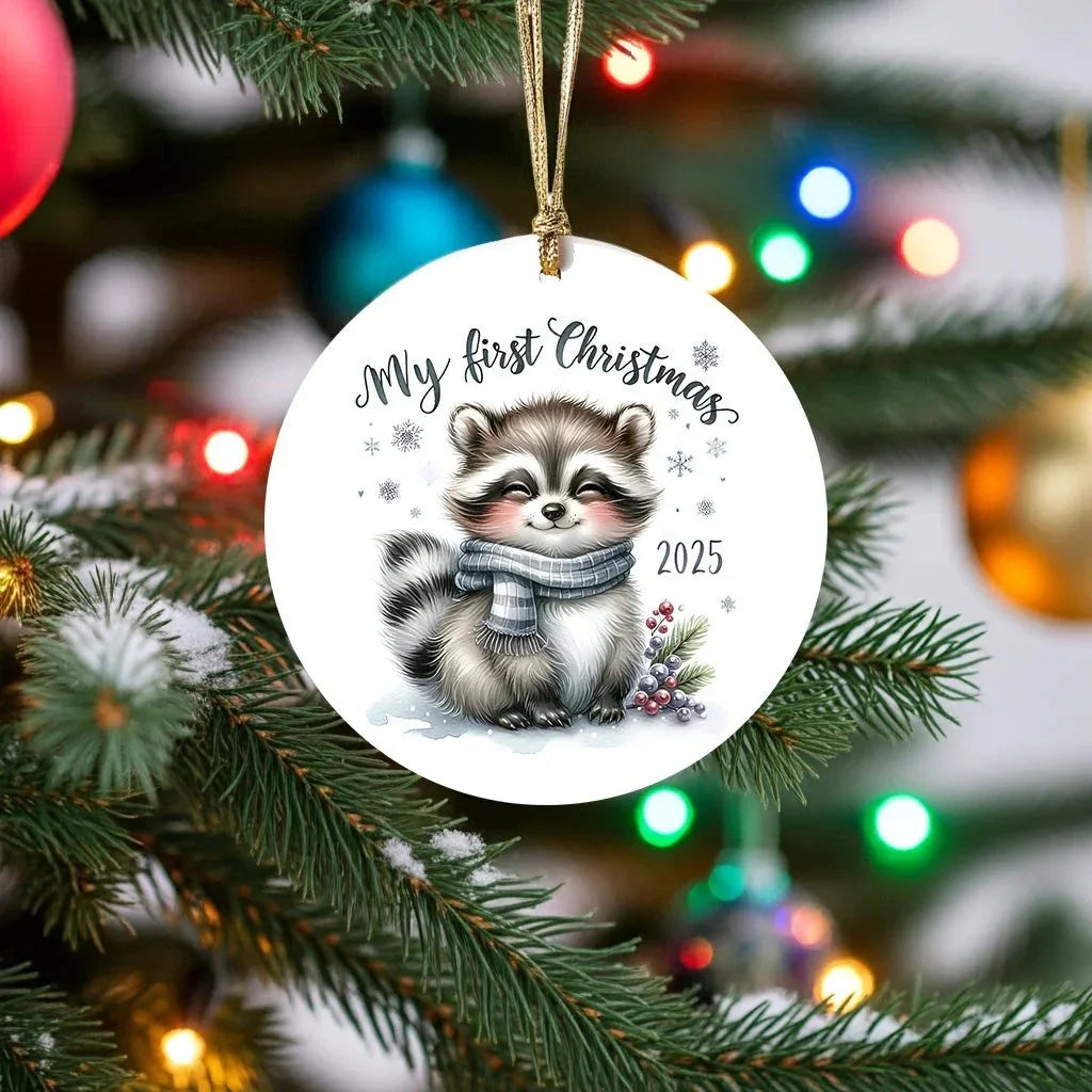 My First Christmas 2025 Raccoon Ornament – Baby’s First Christmas Keepsake, Cute Newborn Gift, Durable MDF Ornament with Gold Cord