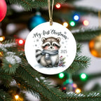 My First Christmas 2025 Raccoon Ornament – Baby’s First Christmas Keepsake, Cute Newborn Gift, Durable MDF Ornament with Gold Cord