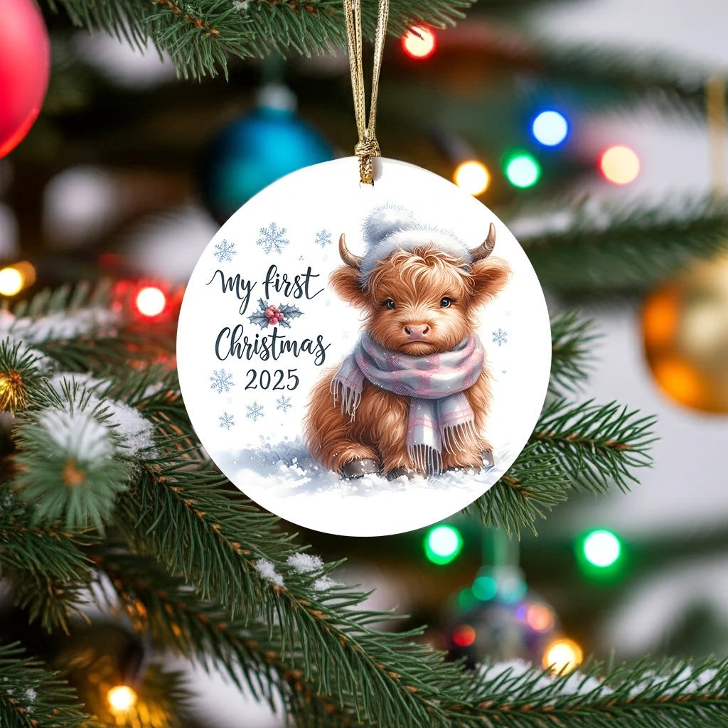 My First Christmas 2025 Highland Calf Ornament – Baby’s First Christmas Keepsake, Cute Newborn Gift, Durable MDF Ornament with Gold Cord