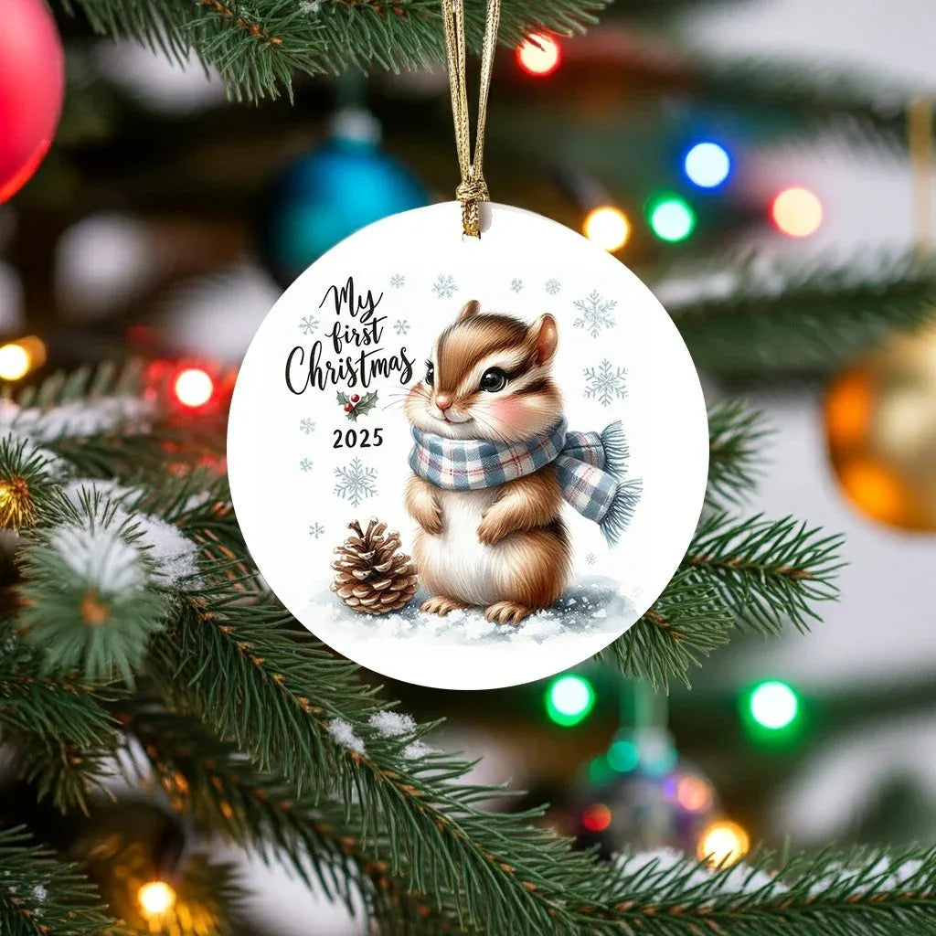 My First Christmas 2025 Chipmunk Ornament – Baby’s First Christmas Keepsake, Cute Newborn Gift, Durable MDF Ornament with Gold Cord