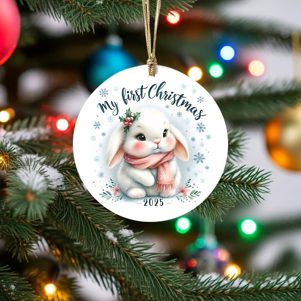My First Christmas 2025 Bunny Ornament – Baby’s First Christmas Keepsake, Cute Newborn Gift, Durable MDF Ornament with Gold Cord