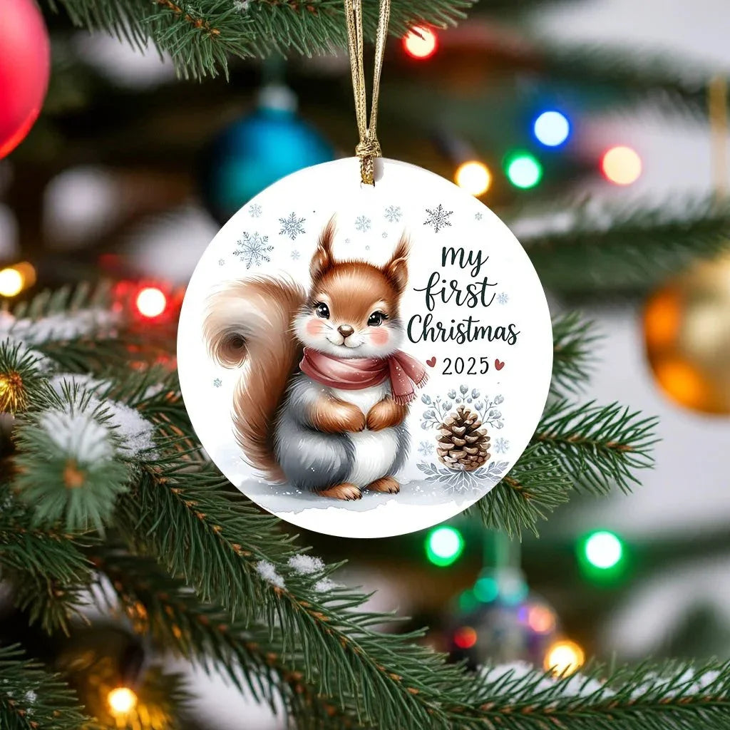 My First Christmas 2025 Squirrel Ornament – Baby’s First Christmas Keepsake, Cute Newborn Gift, Durable MDF Ornament with Gold Cord