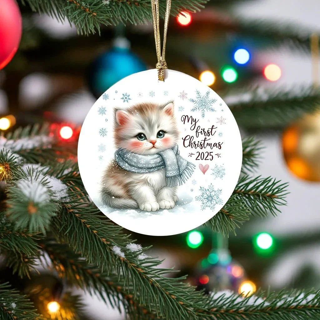 My First Christmas 2025 Kitten Ornament – Baby’s First Christmas Keepsake, Cute Newborn Gift, Durable MDF Ornament with Gold Cord
