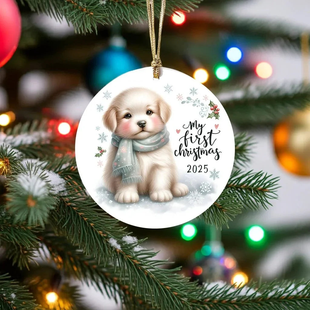 My First Christmas 2025 Puppy Ornament – Baby’s First Christmas Keepsake, Cute Newborn Gift, Durable MDF Ornament with Gold Cord
