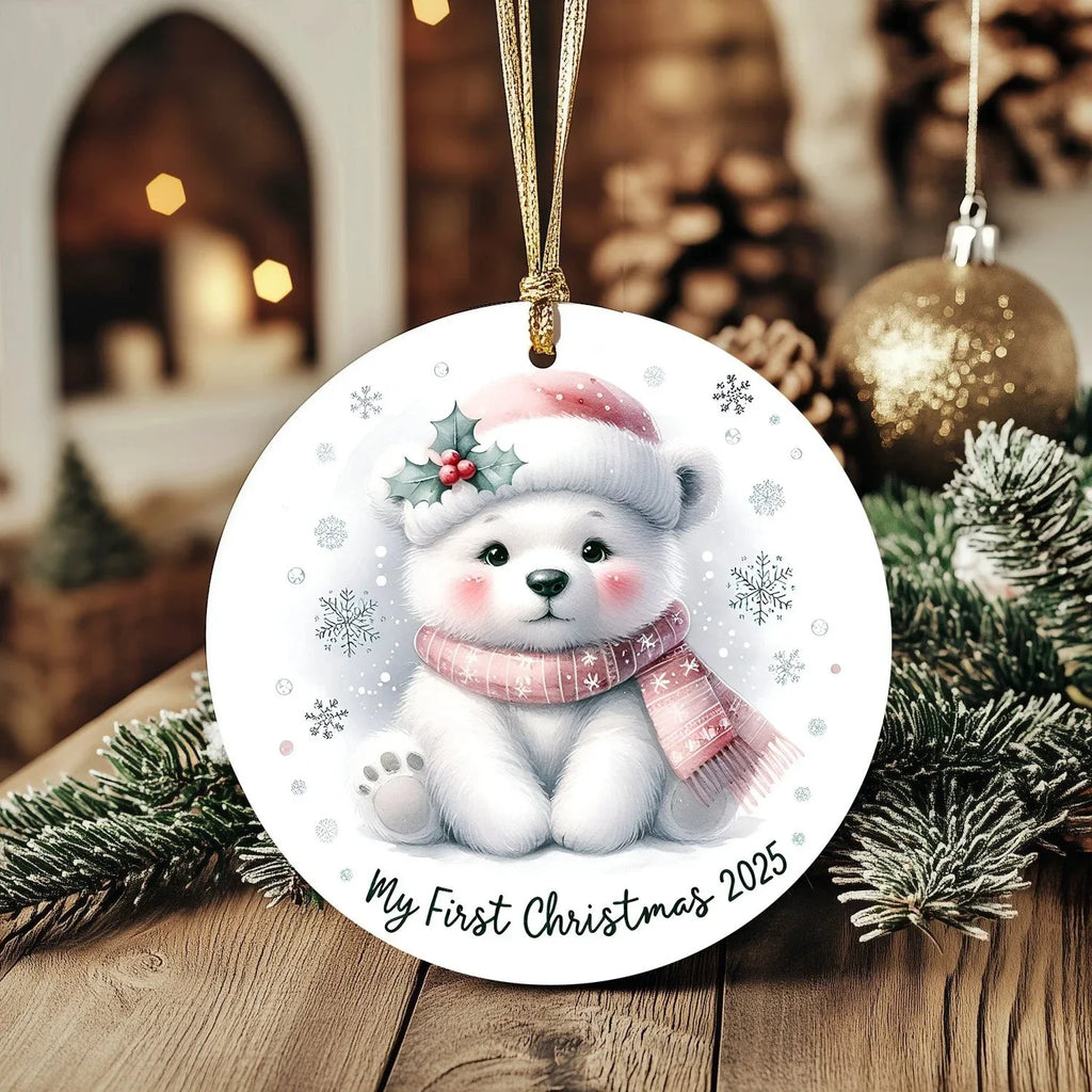 My First Christmas 2025 Polar Bear Ornament – Baby’s First Christmas Keepsake, Cute Newborn Gift, Durable MDF Ornament with Gold Cord