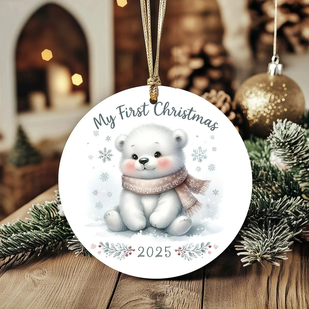 My First Christmas 2025 Bear Ornament – Baby’s First Christmas Keepsake, Cute Newborn Gift, Durable MDF Ornament with Gold Cord
