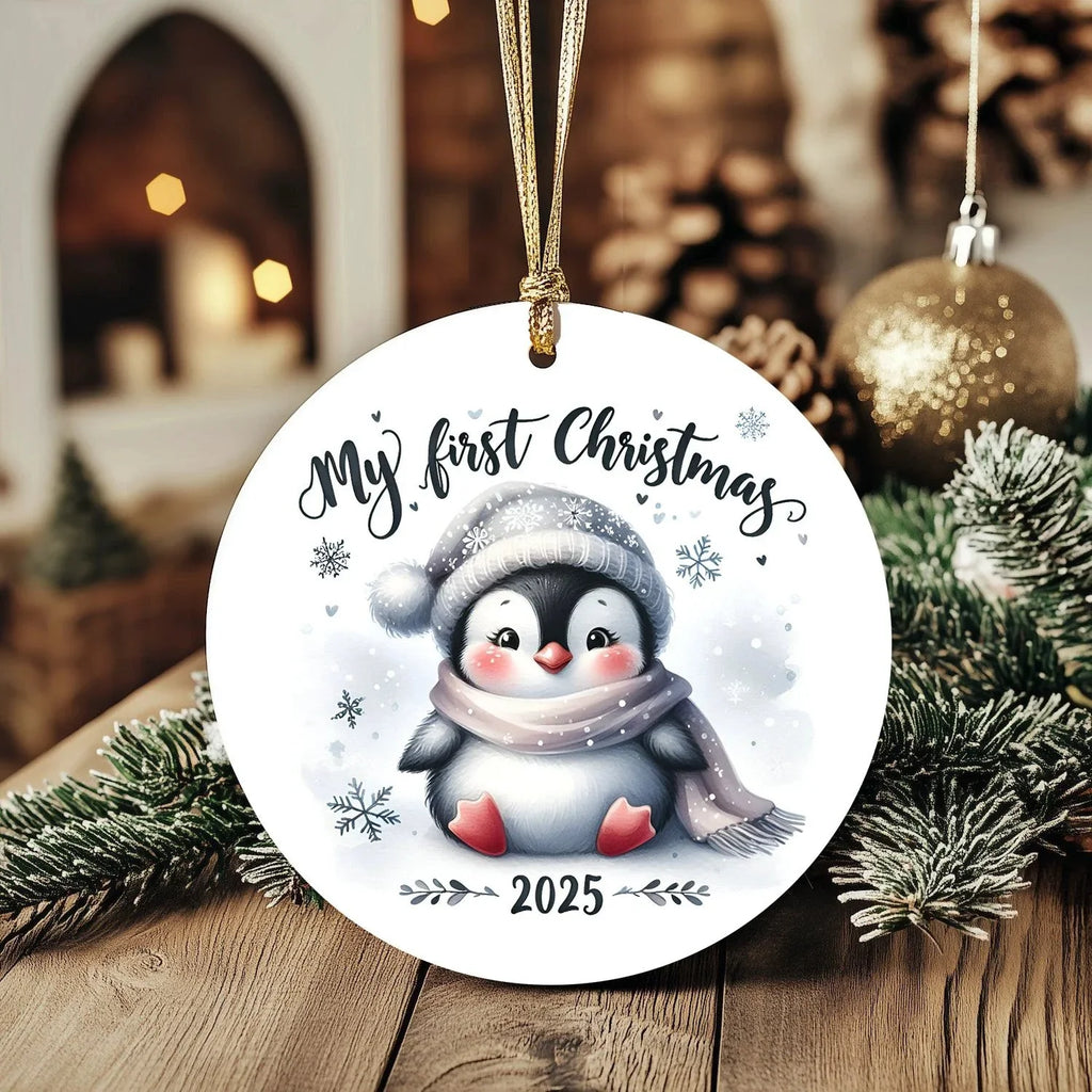 My First Christmas 2025 Penguin Ornament – Baby’s First Christmas Keepsake, Cute Newborn Gift, Durable MDF Ornament with Gold Cord