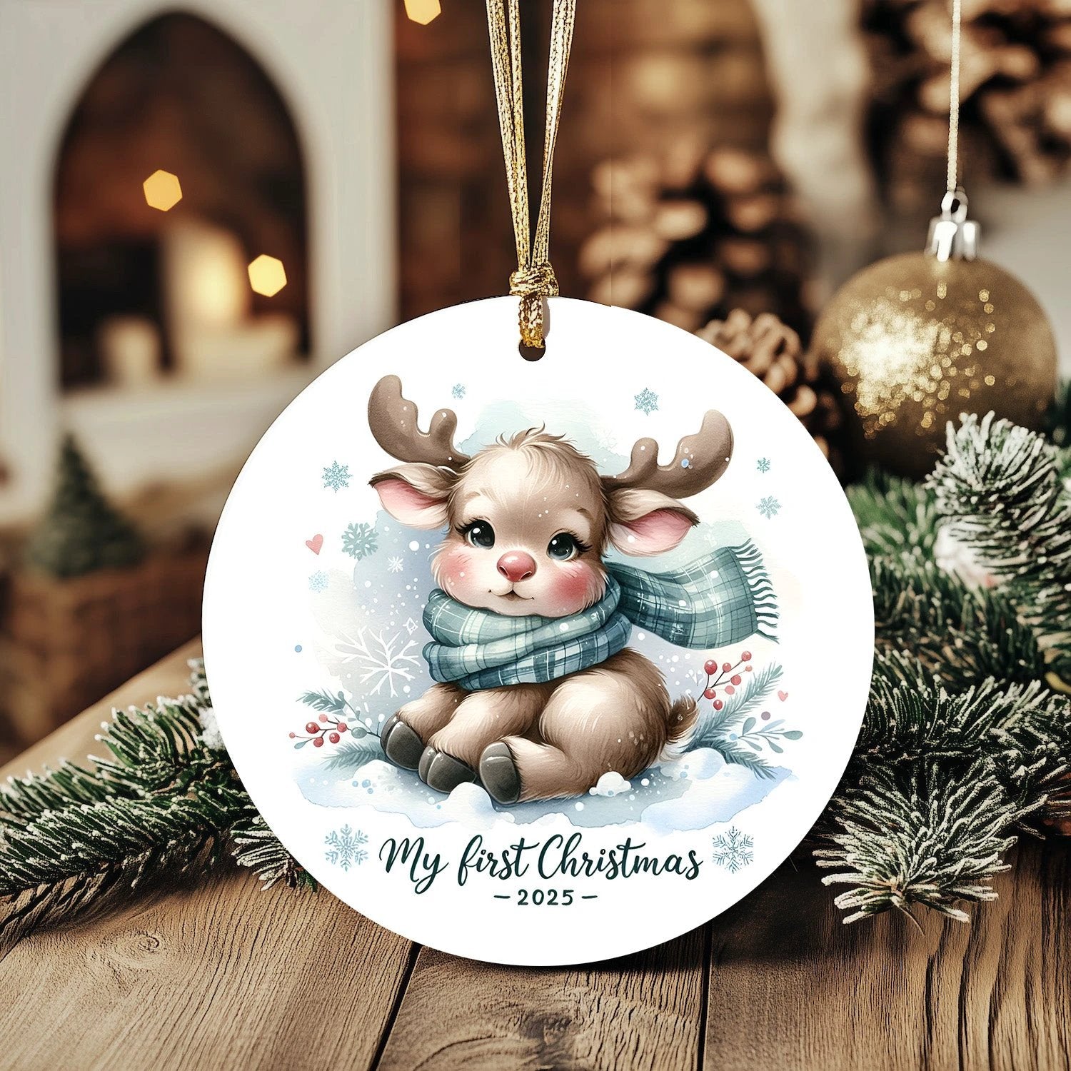 My First Christmas 2025 Moose Ornament – Baby’s First Christmas Keepsake, Cute Newborn Gift, Durable MDF Ornament with Gold Cord