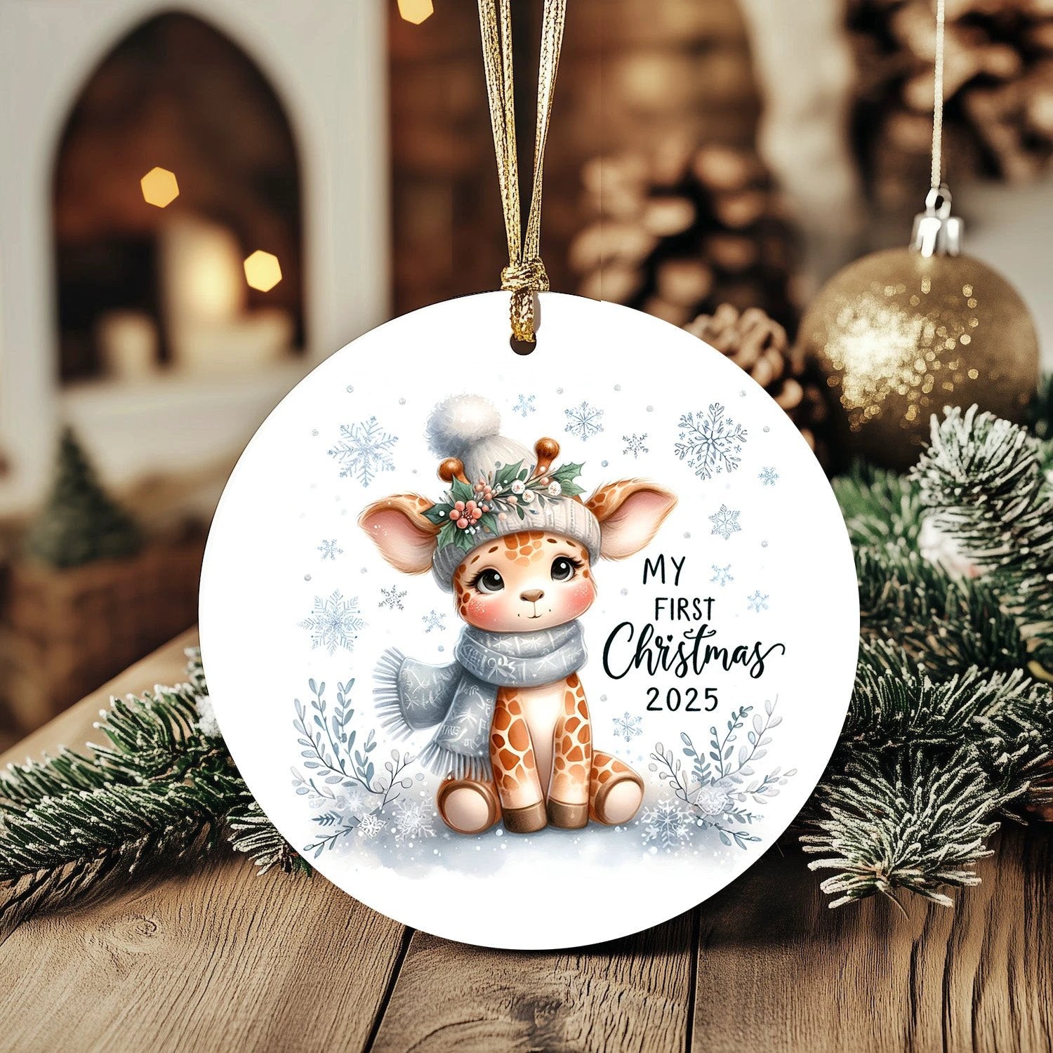My First Christmas 2025 Giraffe Ornament – Baby’s First Christmas Keepsake, Cute Newborn Gift, Durable MDF Ornament with Gold Cord