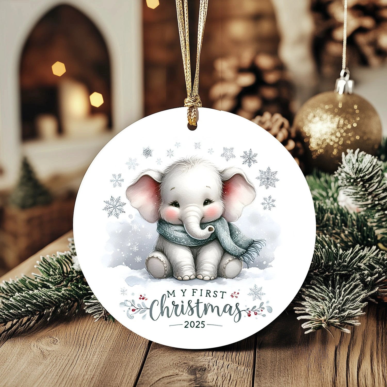 My First Christmas 2025 Elephant Ornament – Baby’s First Christmas Keepsake, Cute Newborn Gift, Durable MDF Ornament with Gold Cord