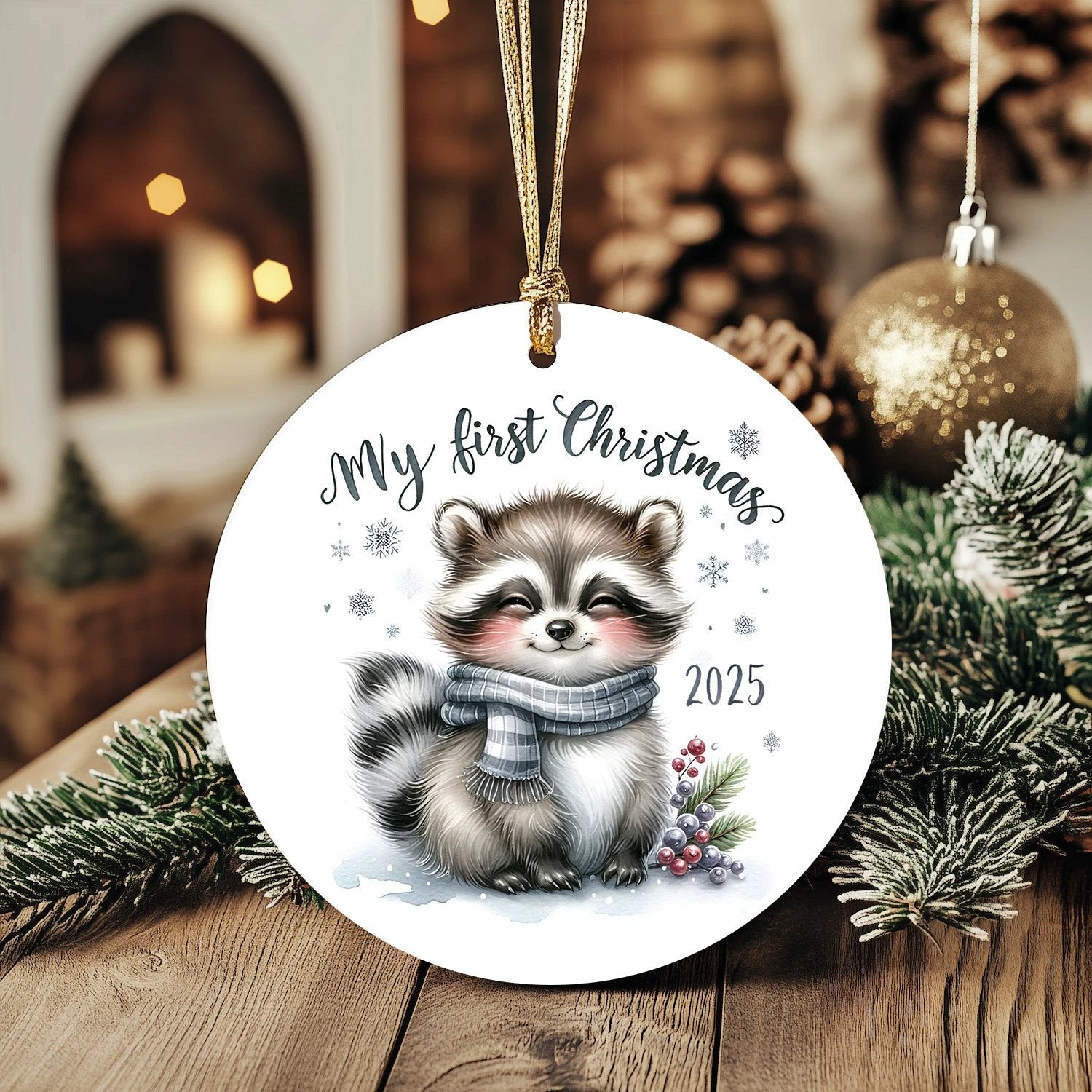 My First Christmas 2025 Raccoon Ornament – Baby’s First Christmas Keepsake, Cute Newborn Gift, Durable MDF Ornament with Gold Cord