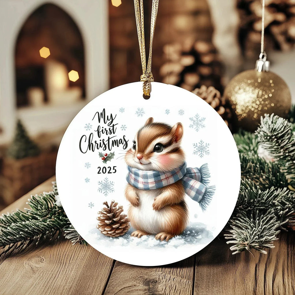 My First Christmas 2025 Chipmunk Ornament – Baby’s First Christmas Keepsake, Cute Newborn Gift, Durable MDF Ornament with Gold Cord