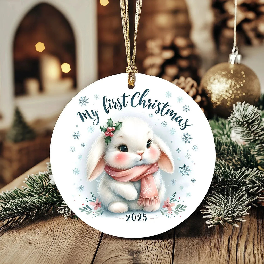 My First Christmas 2025 Bunny Ornament – Baby’s First Christmas Keepsake, Cute Newborn Gift, Durable MDF Ornament with Gold Cord