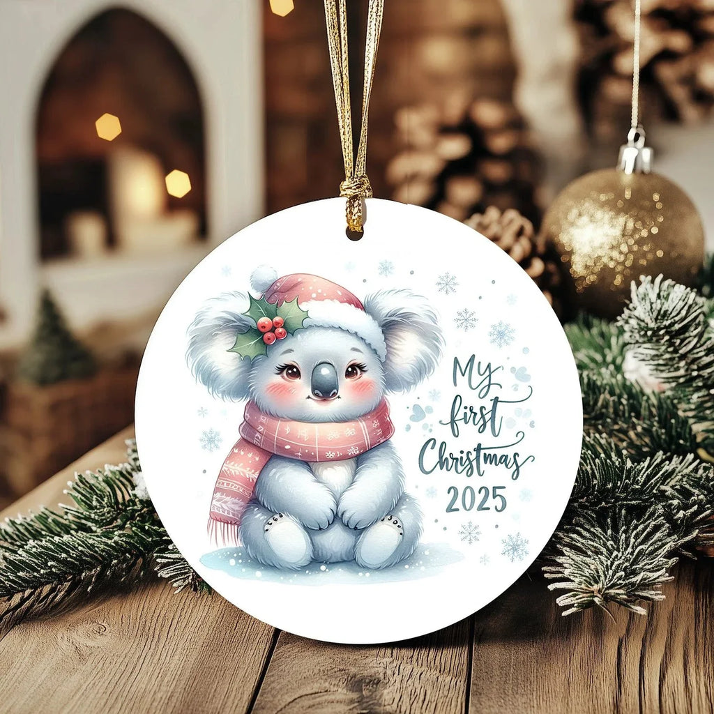 My First Christmas 2025 Koala Ornament – Baby’s First Christmas Keepsake, Cute Newborn Gift, Durable MDF Ornament with Gold Cord