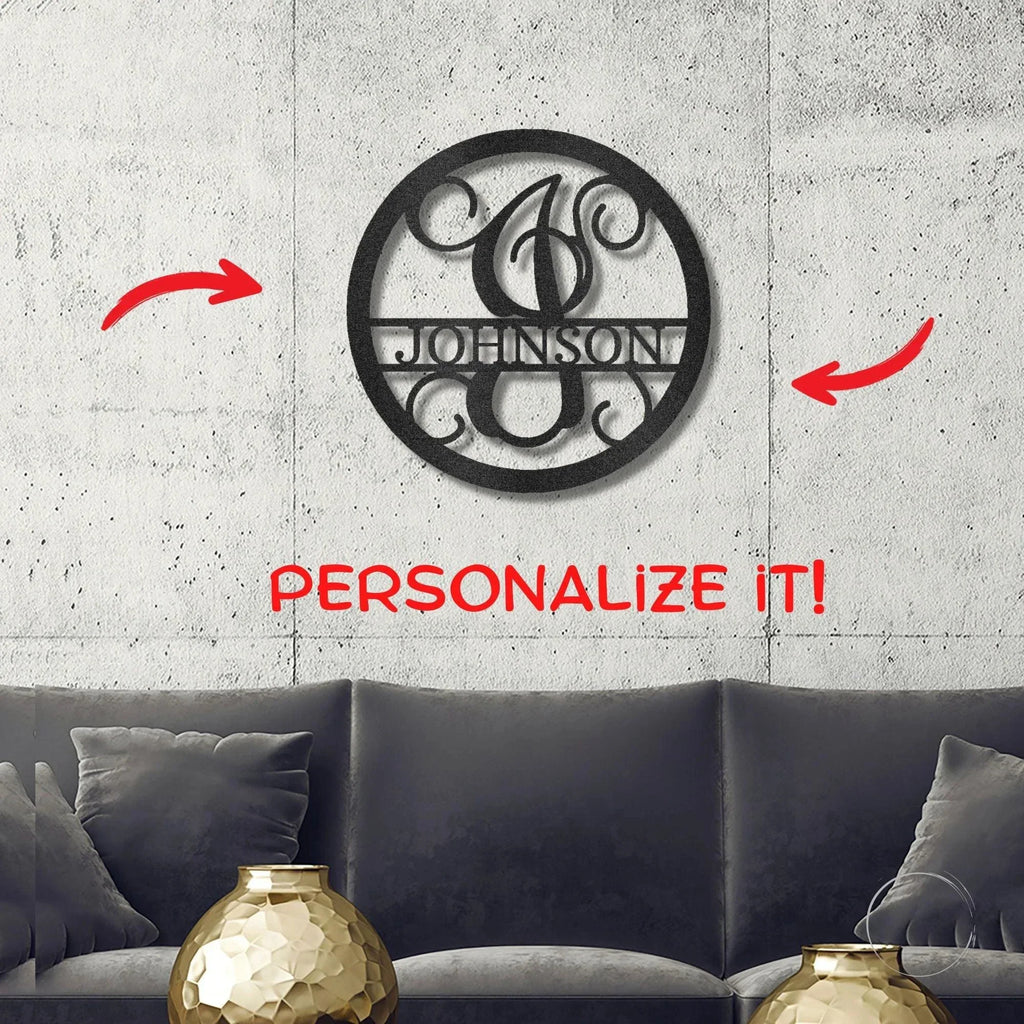 Circle Vine Monogram Personalized Name Indoor Outdoor Steel Wall Sign Metal Art