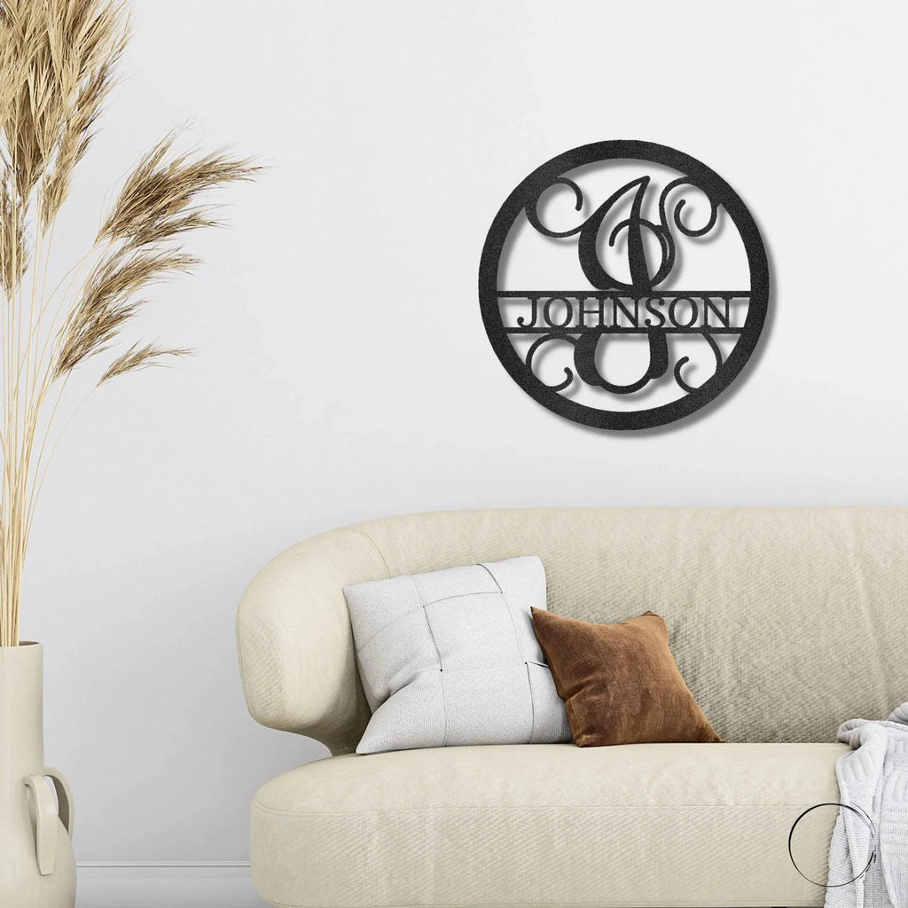 Circle Vine Monogram Personalized Name Indoor Outdoor Steel Wall Sign Metal Art