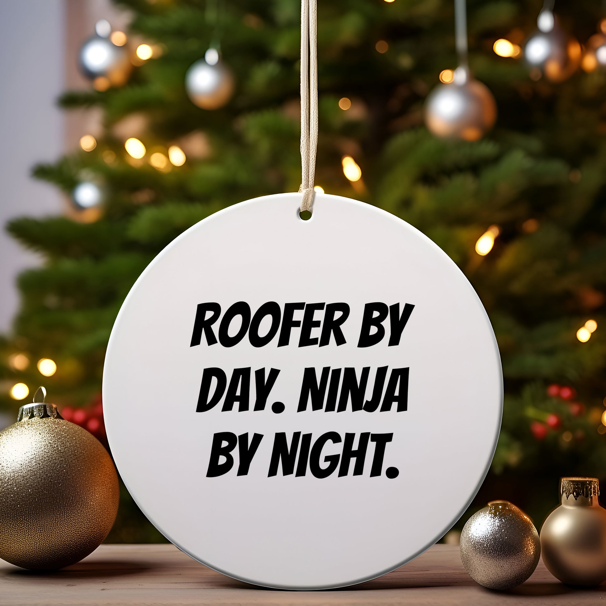 Roofer Circle Ornament, 'Roofer By Day. Ninja By Night.' Funny Quote for Christmas - Mallard Moon