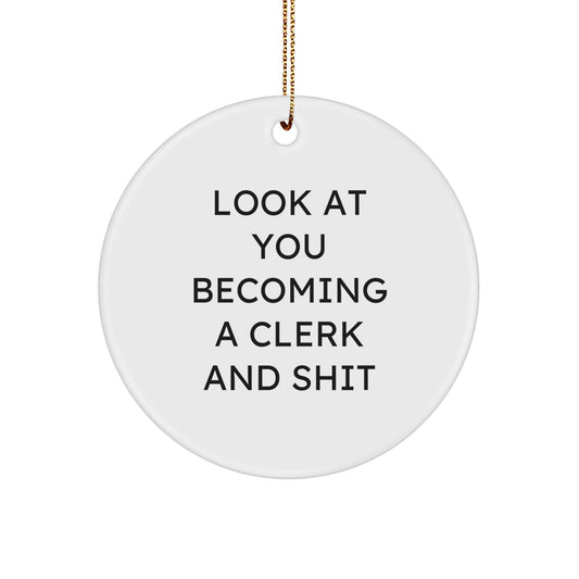 Funny Clerk Gifts for Men, Christmas Unique Circle Ornaments with 'Look At You Becoming A Clerk And Shit' Humor, Gifts from Friends to Coworkers - Image 1