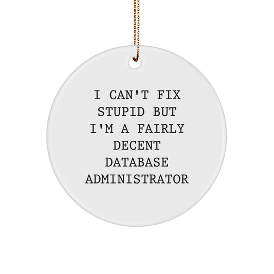 Funny Database Administrator Gifts for Men, 'I Can't Fix Stupid But I'm A Fairly Decent Database Administrator' Circle Ornament, Perfect Christmas Unique Gifts from Friends - Image 1