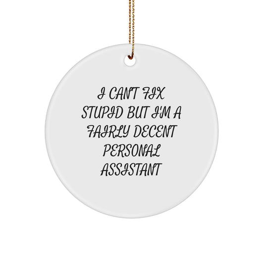 Funny Personal Assistant Gifts from Men - 'I Can't Fix Stupid But I'm A Fairly Decent Personal Assistant' Circle Ornament for Christmas Unique Gifts for Friends Coworkers Family - Image 1