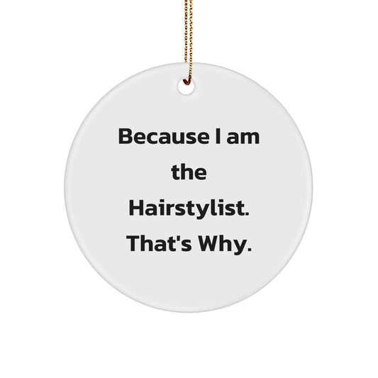 Funny Hairstylist Gifts from Friends for Hairstylists - Circle Ornament with Because I Am The Hairstylist That's Why Quote - Christmas Unique Gifts - Image 1